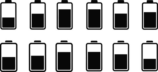 Six battery charge level indicators with varying fill on transparent background silhouette