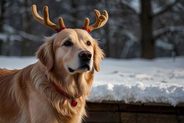 A golden retriever with reindeer antlers with snowy Background