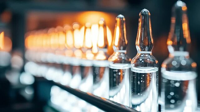pharmaceutical production concept- ampoules lined up on production line with warm bokeh lighting