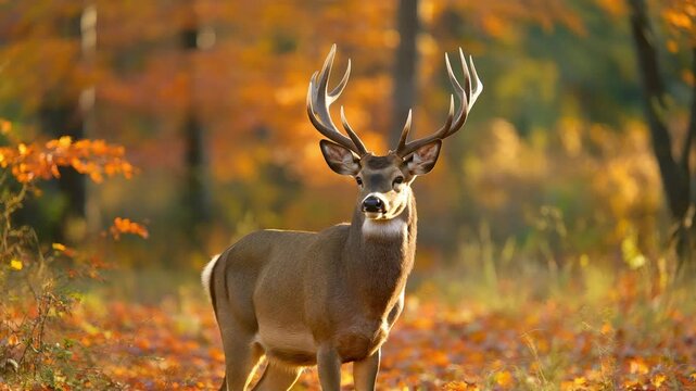 Majestic whitetail buck with large antlers in vibrant autumn forest