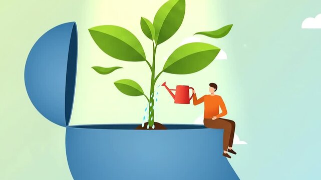 concept of mental growth and development Man watering a growing plant inside an open human head