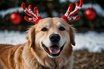 A golden retriever with reindeer antlers with snowy Background