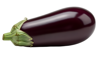 Fresh dark purple eggplant with green calyx isolated on white background, perfect for culinary and vegetable