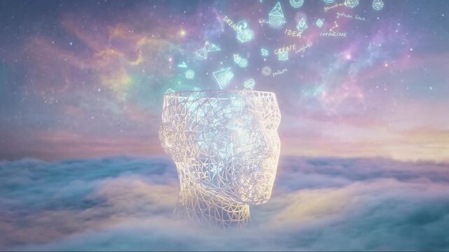 Abstract animation representing creativity, imagination, and brainstorming, with ideas, words, and symbols flowing out of a digital wireframe head floating above surreal clouds at dusk