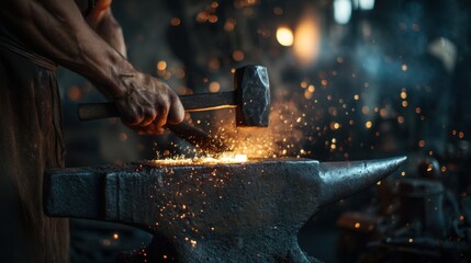 A blacksmith shapes metal at an anvil in a workshop. The hands grip a hammer tightly. As the hammer strikes the metal sparks fly in the dim light. The scene shows craftsmanship and dedication.