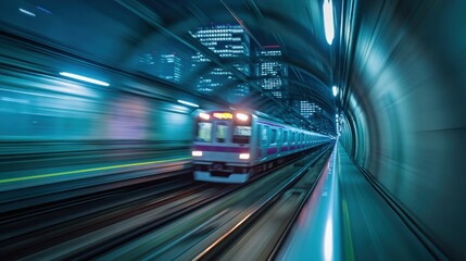 Fototapeta premium A train travels through a dark tunnel with bright lights reflecting off the walls. The scene shows the speed and movement of the train in an urban area at night.