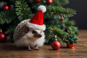 A hedgehog with a miniature Santa hat sitting beside a small Christmas tree