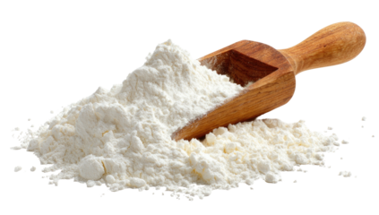 Flour heap with wooden scoop, close-up, food preparation element
