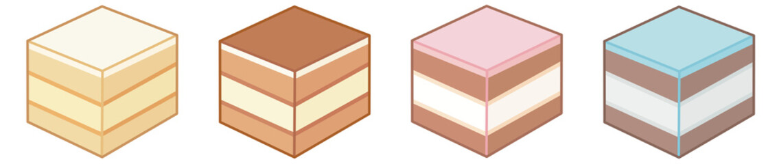 cute cube cake illustration set happy time enjoy sweets and chocolate-vanilla cream cake and tiramisu collection with transparent background png