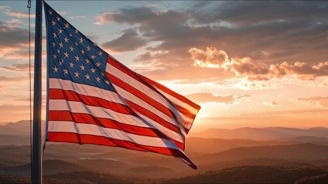 American flag waving in sunset sky, suitable for patriotic, national, independence day, memorial, pride, american culture, and historical themes.