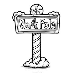 Simple North Pole sign illustration with a candystriped pole and rectangular sign for a toddlers first Christmas coloring book large bold outlines minimal details rounded and playful sh
