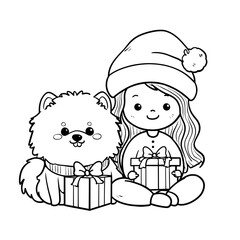 A cute simple Christmas illustration for a toddler coloring book a small beautiful girl sitting with her best friend a fluffy Pomeranian dog Both are happily holding Christmas presents