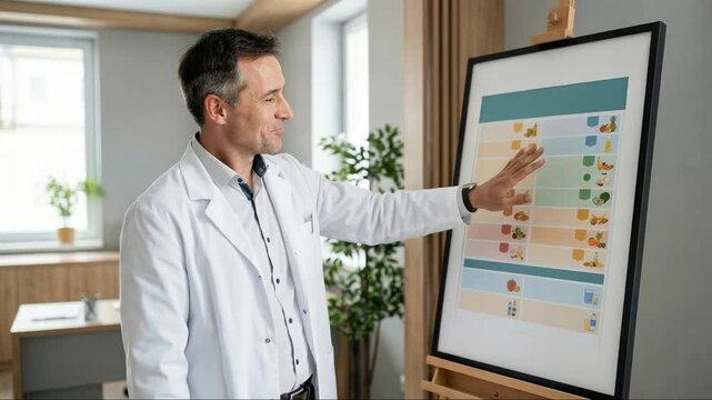 Male dietician in a white coat consulting a patient, pointing at a food chart on an easel and explaining a personalized meal plan for weight loss and balanced eating in a modern clinic