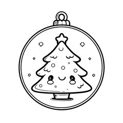 A cute simple Christmas tree ornament illustration for a toddler coloring book large round ornament with a smiling face and a small top hook Use thick bold outlines minimal details and