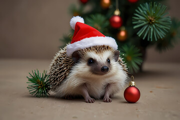 A hedgehog with a miniature Santa hat sitting beside a small Christmas tree