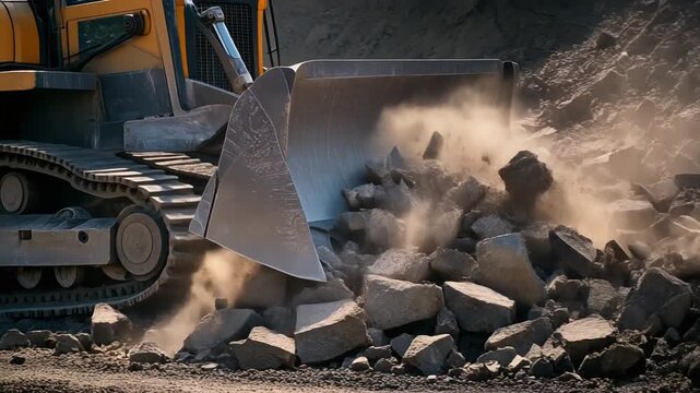  a bulldozer lifting rocks and debris with its blade, rugged terrain