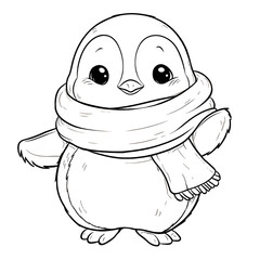 A chubby and cute cartoon penguin wearing a big cozy scarf drawn in a simple style for a toddler coloring book The penguin has a round body big eyes and a happy expression No shading no