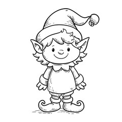 A cute simple Christmas elf illustration for a toddler coloring book large shapes thick bold outlines and no shading The elf should have a friendly smiling face wearing a pointy hat wit