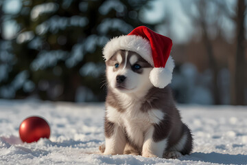 A husky puppy with a fluffy Santa hat oversized for its head
