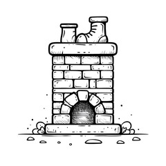 A cute simple Christmas chimney illustration for a toddler coloring book large brick chimney with Santas boots sticking out on top Use thick bold outlines large shapes minimal details a