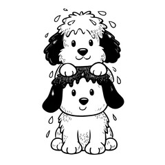 simple black and white coloring book illustration for toddlers two cartoon animals one wet animal on top eg a soaked dog with water drops and fur dripping one dry animal on the bottom s