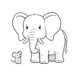 Obraz premium A simple black and white coloring book illustration for toddlers showing the concept of BIG and small a giant elephant standing next to a tiny mouse in a cute cartoon style with bold cl