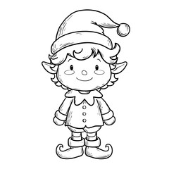 A cute simple Christmas elf illustration for a toddler coloring book large shapes thick bold outlines and no shading The elf should have a friendly smiling face wearing a pointy hat wit