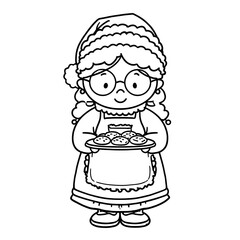 cute simple Mrs Claus illustration for a toddler coloring book a kind smiling Mrs Claus wearing round glasses a Santastyle dress with an apron and a festive hat Shes holding a tray of c