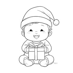 A cute simple baby illustration for a toddler coloring book a small baby sitting and holding her first Christmas present with a big happy smile The baby wears a cozy onesie and a little
