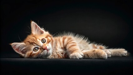 Fluffy Orange Kitten Lying Down on Dark Background