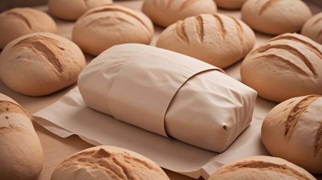 Artisanal bread loaves freshly baked and wrapped for sale
