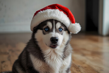 A husky puppy with a fluffy Santa hat oversized for its head