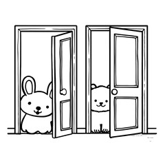 simple black and white coloring book illustration for toddlers two cartoonstyle doors side by side one door open with a smiling animal peeking out one door closed thick outlines no shad