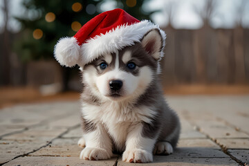 A husky puppy with a fluffy Santa hat oversized for its head