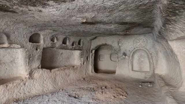 Soganli cave house interior carved on a rock in Cappadocia, Turkey