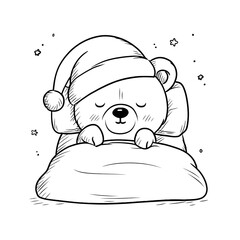 A cute simple sleeping teddy bear illustration for a toddler coloring book the bear is wearing a Santa hat and tucked under a soft blanket Use large shapes thick bold outlines minimal d