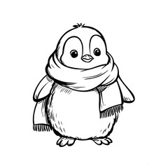 A chubby and cute cartoon penguin wearing a big cozy scarf drawn in a simple style for a toddler coloring book The penguin has a round body big eyes and a happy expression No shading no