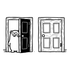 simple black and white coloring book illustration for toddlers two cartoonstyle doors side by side one door open with a smiling animal peeking out one door closed thick outlines no shad