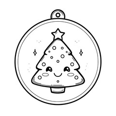 A cute simple Christmas tree ornament illustration for a toddler coloring book large round ornament with a smiling face and a small top hook Use thick bold outlines minimal details and
