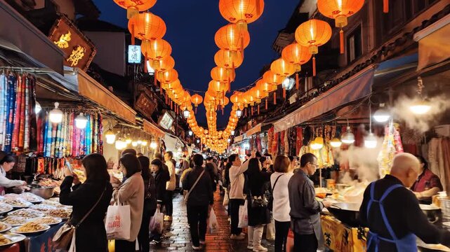 Vibrant Night Market Scene with Lanterns and Food Stalls Busy Crowd