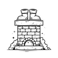 A cute simple Christmas chimney illustration for a toddler coloring book large brick chimney with Santas boots sticking out on top Use thick bold outlines large shapes minimal details a