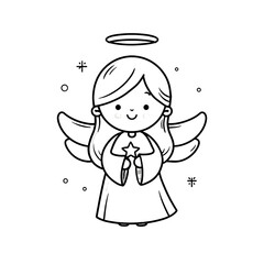 A cute simple Christmas angel illustration for a toddler coloring book a smiling angel with a round face short wings and a glowing halo above the head The angel is wearing a flowing rob