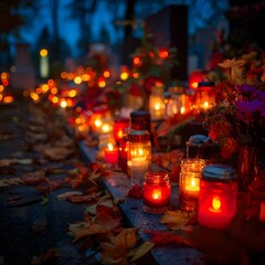 Lots of lit candles and dry autumn leaves at the cemetery