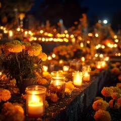 Lots of lit candles and yellow marigold flowers at the cemetery