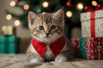 A kitten with a tiny Santa Hat accessory sitting near presents