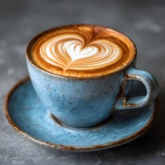 national cappuccino day with hot caffeine idea latte art in a blue coffee cup with textured background