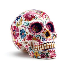 Painted human skull for the Day of the Dead in Mexico festival on white background