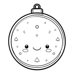 A cute simple Christmas tree ornament illustration for a toddler coloring book large round ornament with a smiling face and a small top hook Use thick bold outlines minimal details and