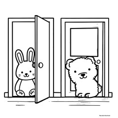 simple black and white coloring book illustration for toddlers two cartoonstyle doors side by side one door open with a smiling animal peeking out one door closed thick outlines no shad