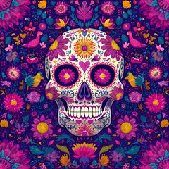 Skull painted for the Day of the Dead on a purple background